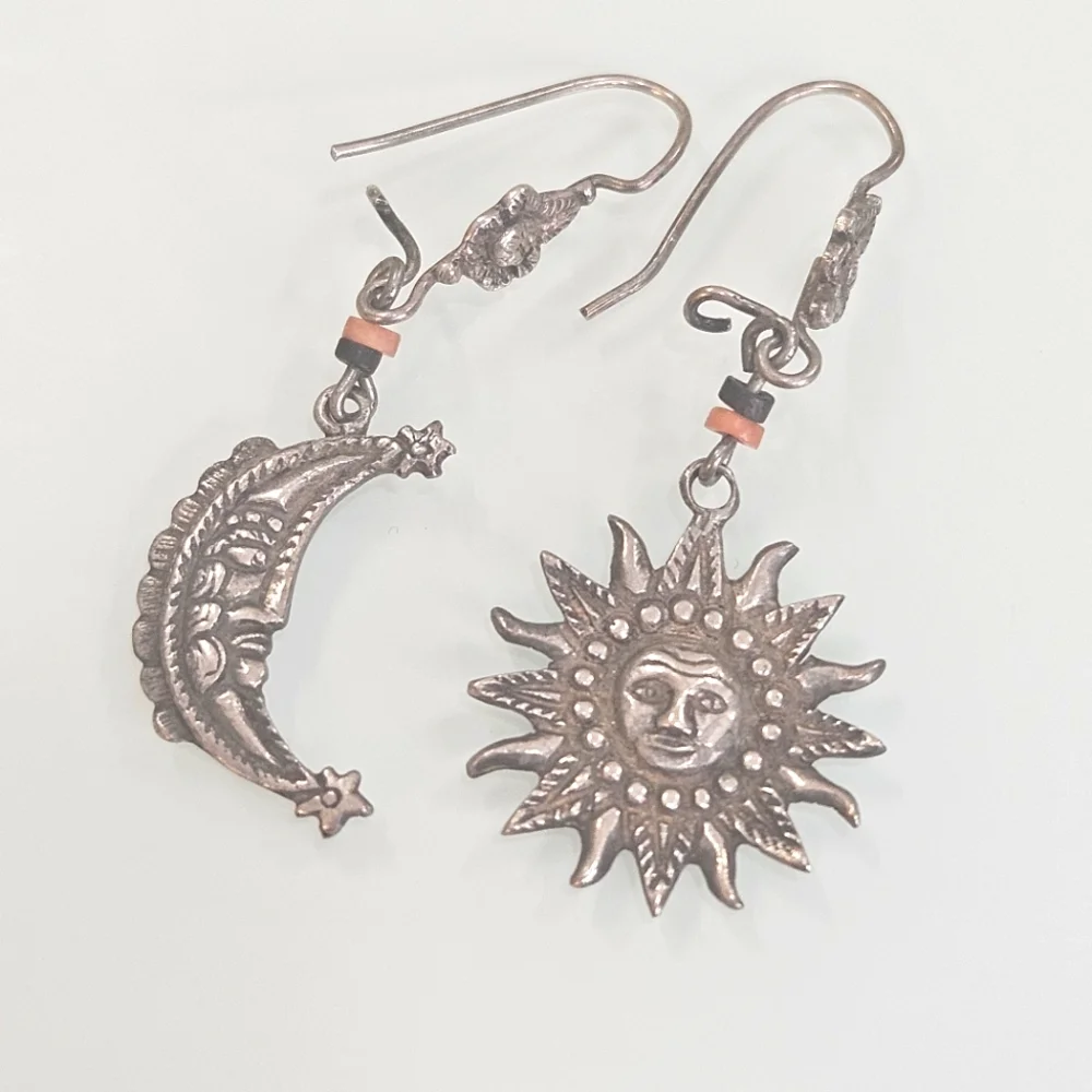 Vintage Sun & Moon Sterling Silver Dangle Beaded 925 Earrings